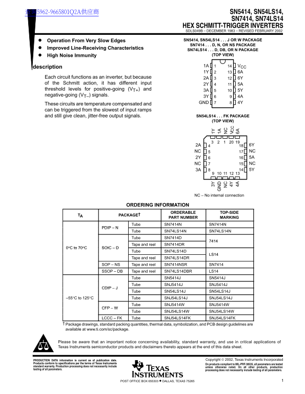 Texas Instruments SN5414, SN54LS14, SN7414, SN74LS14 Hex Schmitt-Trigger Inverters Data Sheet User Manual - Page 1