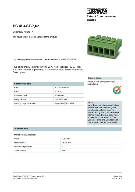 Phoenix Contact - PC 4 3-ST-7,62 Data Handbook / Manual - Page 1