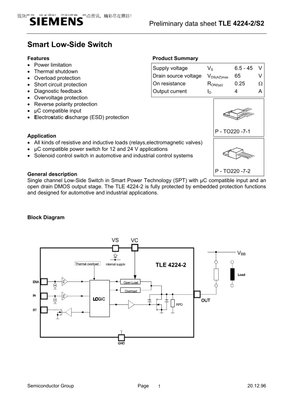SIEMENS Smart Low-Side Switch TLE 4224-2 S2 User Guide and Manual - Page 1
