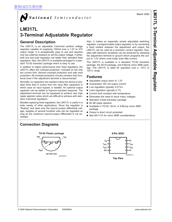 National Semiconductor LM317L 3-Terminal Adjustable Regulator Data Sheet - Page 1