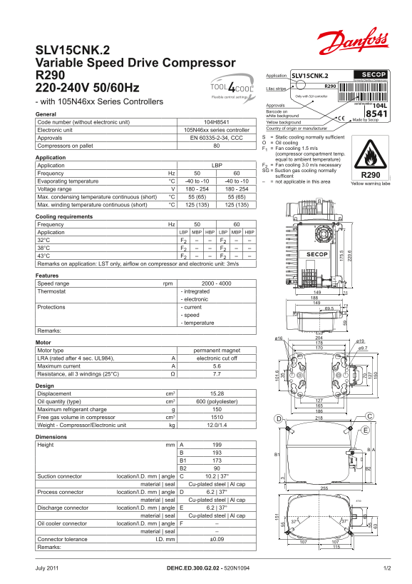Danfoss SLV15CNK.2 Variable Speed Drive Compressor R290 220-240V 50 60Hz Datasheet - Page 1