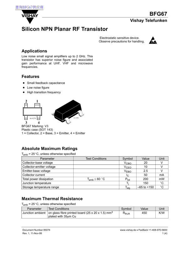 Vishay BFG67 Data Handbook - Page 1