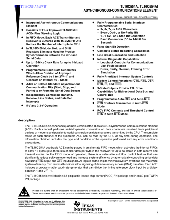 Texas Instruments TL16C554A, TL16C554AI ASYNCHRONOUS-COMMUNICATIONS ELEMENT Data Handbook (1) Specification Sheet User Manual - Page 1