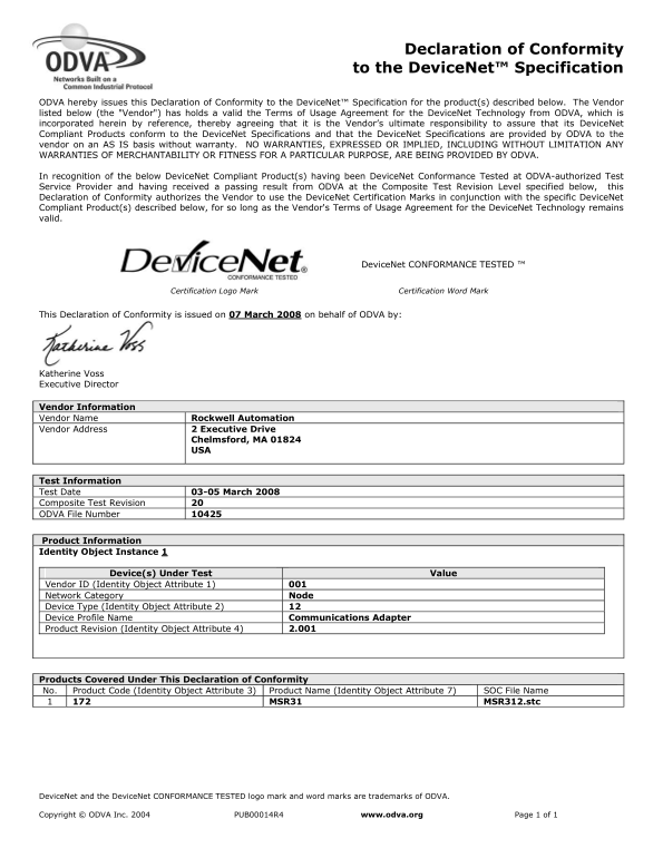 Rockwell Automation Rockwell 440R-W23220 MSR312 DeviceNet Module - ODVA Certificate - Page 1