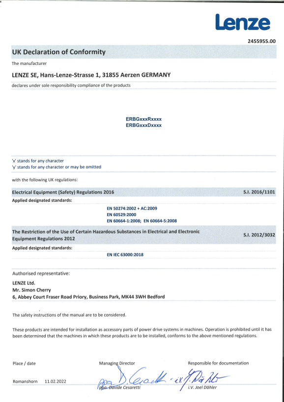 Lenze Accessories-System Extensions Brake Resistors Brake Resistor ERBG Certification and Declaration UKCA DoC Brake Resistor ERBG (Language EN) - Page 1