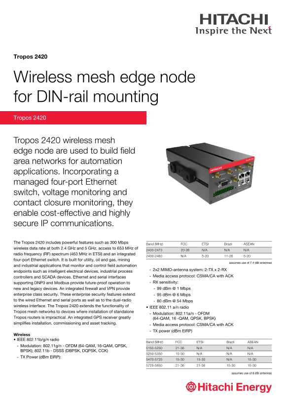 ABB Tropos 2420 Dual-Radio Broadband Wireless Mesh Router for DIN-Rail Mounting (A4-web) Datasheet - Page 1