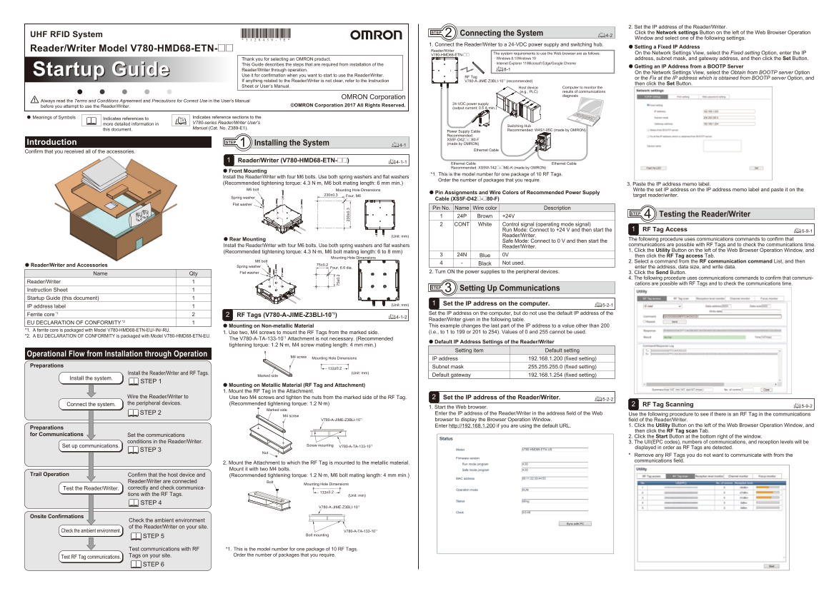 OMRON PLC Mechanical Controller IPC Multi-Axis Controller Touch Panel UHF with RFID System V780 Series V780-HMD68-ETN-[][]UHF RFID System Reader Writer Instruction Sheet - Page 1