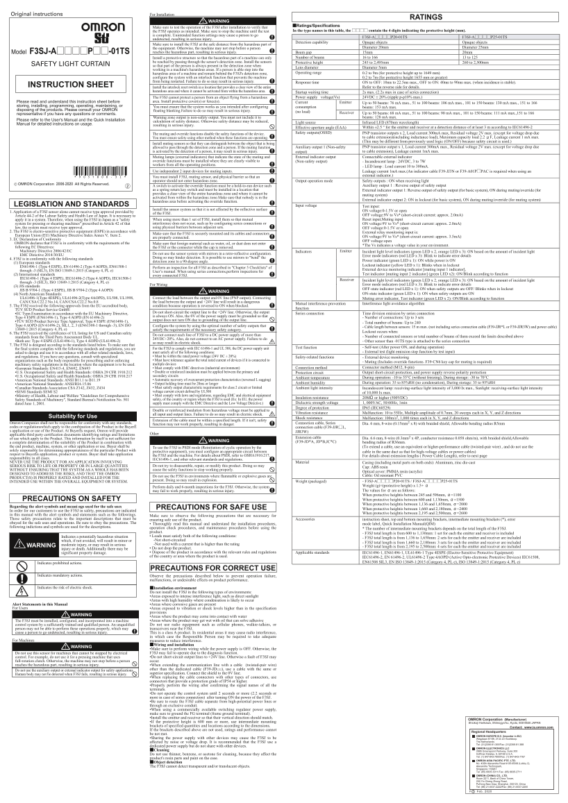 OMRON Safety Product F39-TC5 Safety Light Curtain F3SJ Series F3SJ-A[][][][]P[][]-01TS Instruction Sheet - Page 1