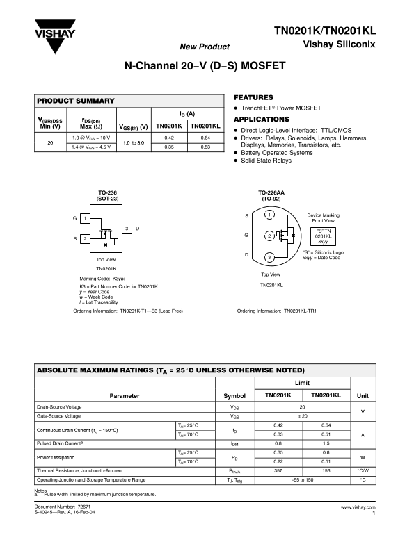 Vishay TN0201K TN0201KL Data Handbook - Page 1