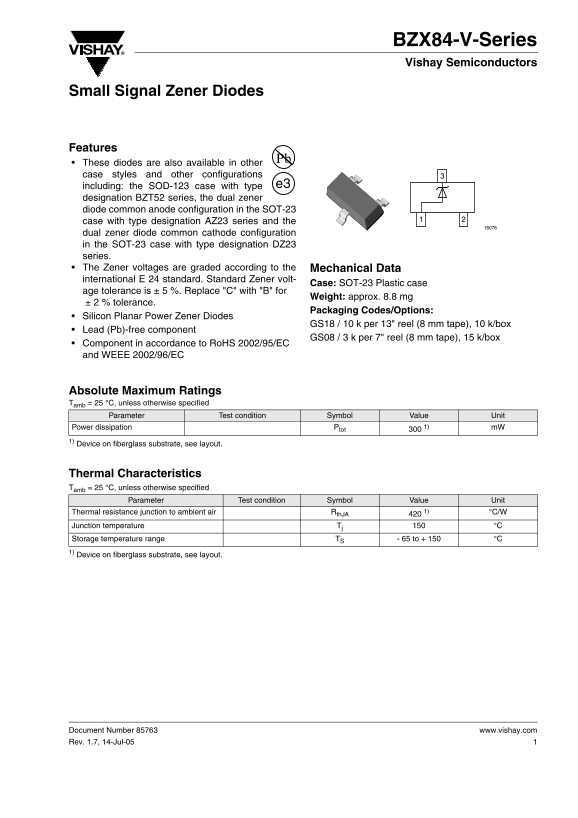 Vishay BZX84-V-Series Specifications and User Guide - Page 1