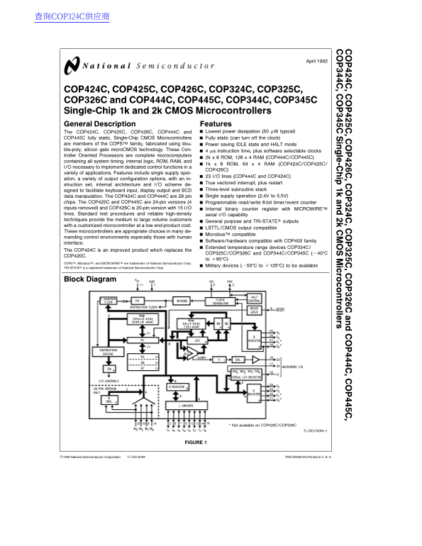 National Semiconductor COP424C, COP425C, COP426C, COP324C, COP325C, COP326C and COP444C, COP445C, COP344C, COP345C Single-Chip 1k and 2k CMOS Microcontrollers - Page 1