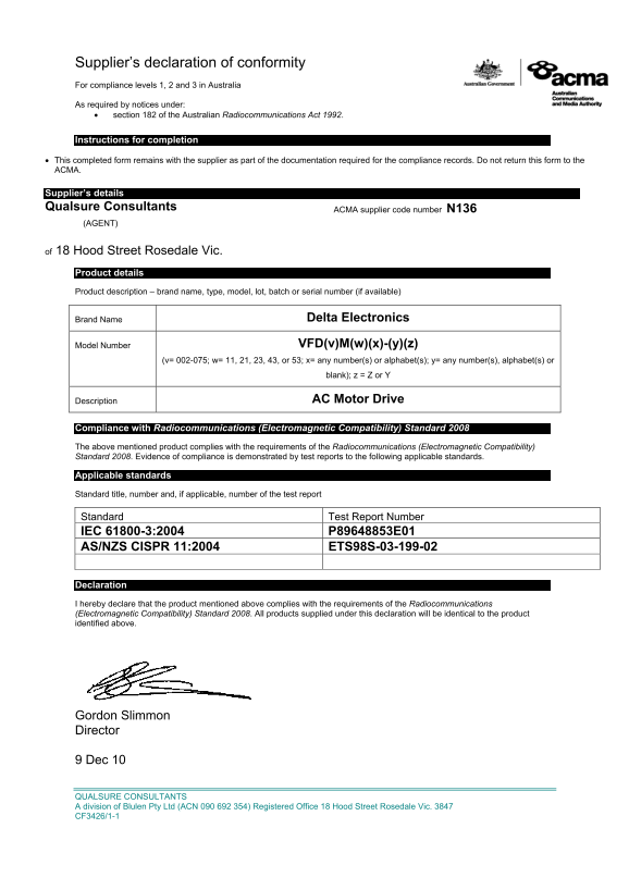 Delta Industrial Automation Inverter VFD-M Series Safety Certificate - Page 1