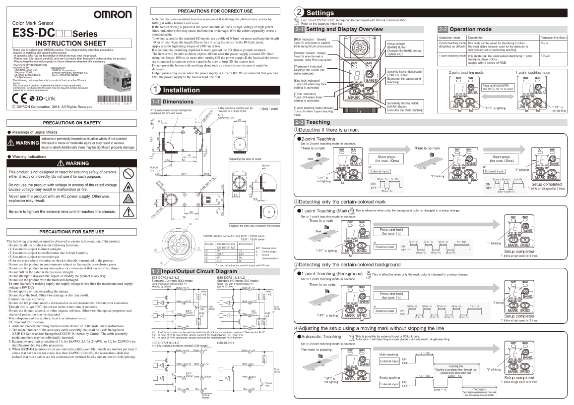 OMRON E3S-DC E3S-DC[][] Series Color Mark Photoelectric Sensor Instruction Sheet - Page 1