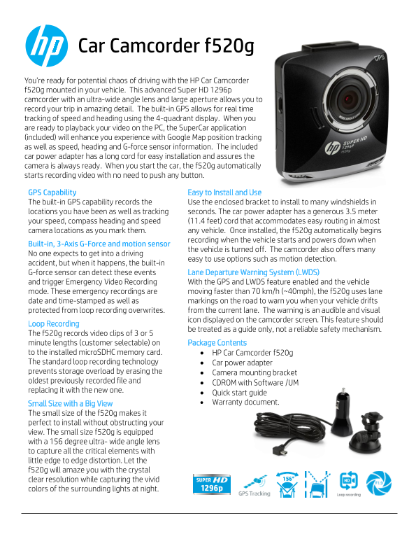 HP f520g Car Camcorder Product Specifications - Page 1