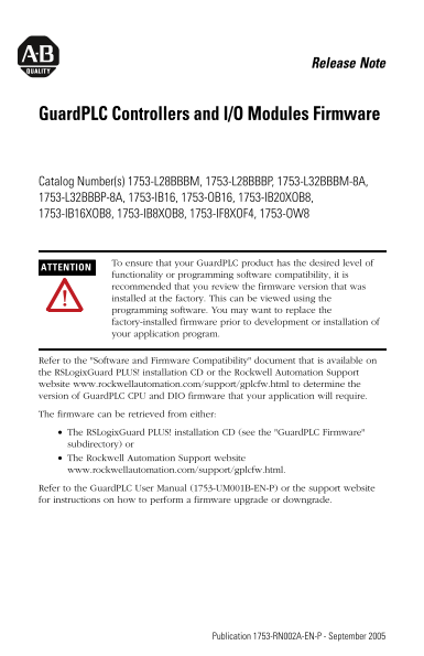Rockwell Automation Guard PLC Controller and DIO Release Note - Page 1
