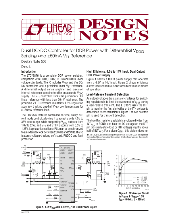 LINEAR Dual DC-DC Controller for DDR Power with Differential VDDQ Sensing and ±50mA VTT Reference Design Note 503 - Page 1