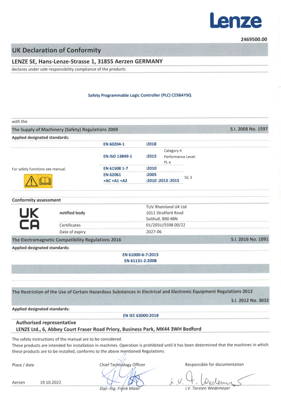 Lenze Safety-Components Safety Controllers Safety Controller c250-S Certifications and Declarations UKCA DoC Safety Controller c250-S (Language EN) - Page 1