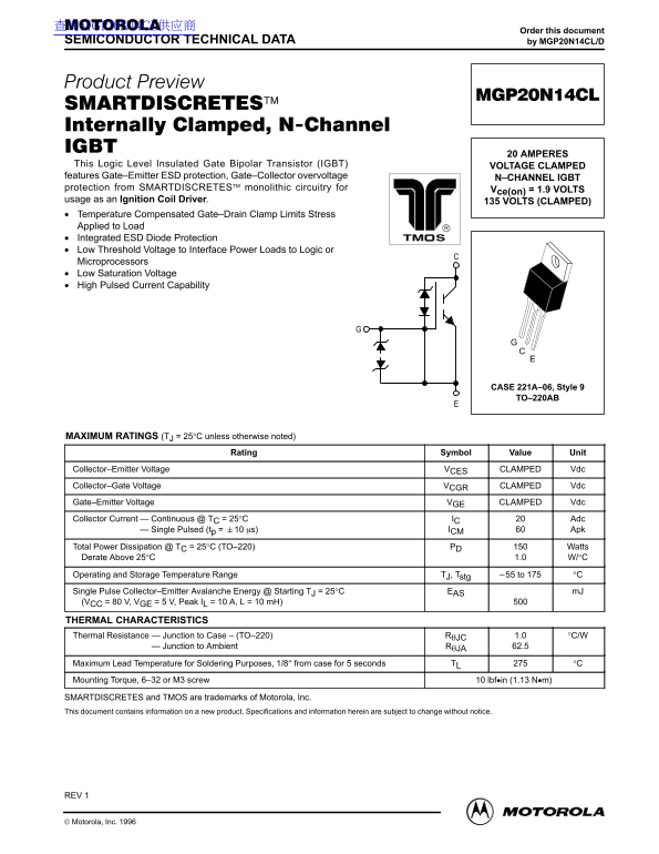 MOTOROLA MGP20N14CL Data Sheet - Page 1