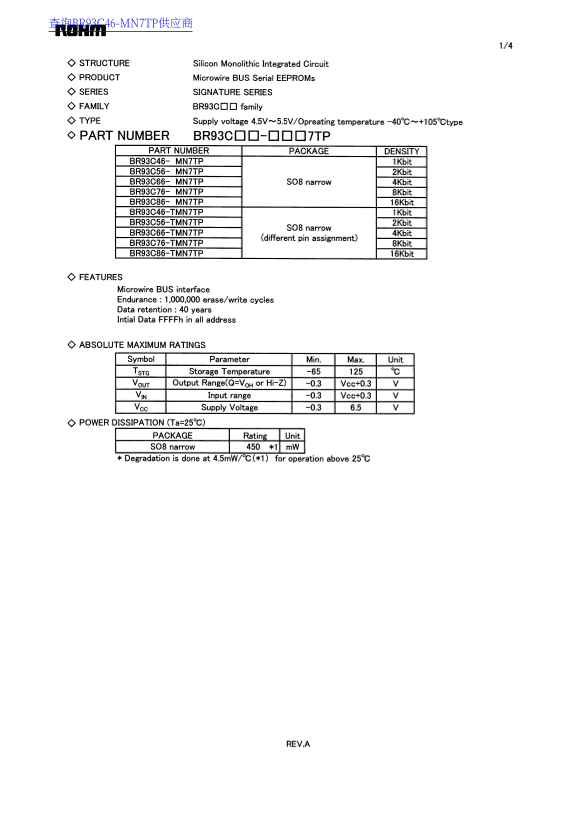 ROHM BR93C Data Sheet - Page 1