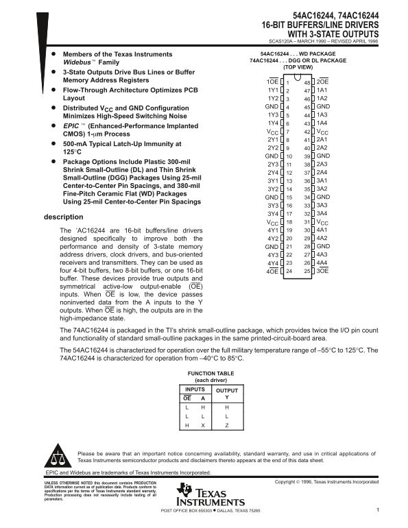 TEXAS INSTRUMENTS 54AC16244 74AC16244 DATA SHEET - Page 1