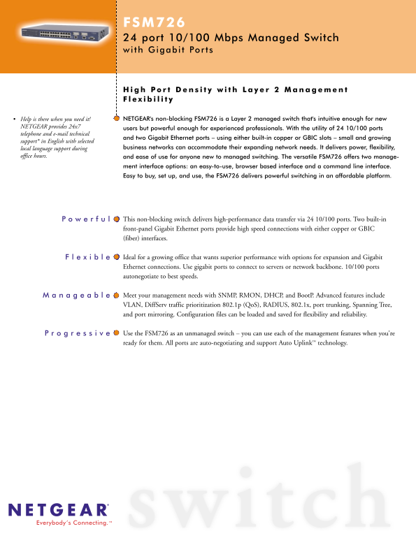 Netgear FSM726v1 – 24-Port 10 100 Mbps Managed Stackable Switch with Gigabit Ports FSM726 Product Data Sheet - Page 1