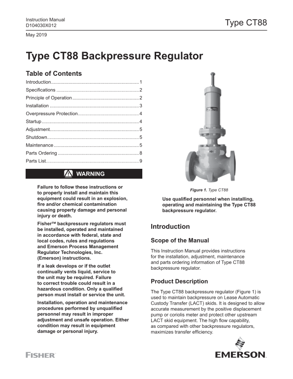 EMERSON CT88 Backpressure Regulator Instruction Manual - Page 1