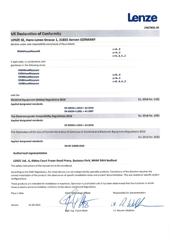 Lenze Motors-ACm5x0-X Three-Phase AC Motors (Gen. B) m540-P Three-Phase AC Motors UKCA DoC Geared Motor m540 - Page 1