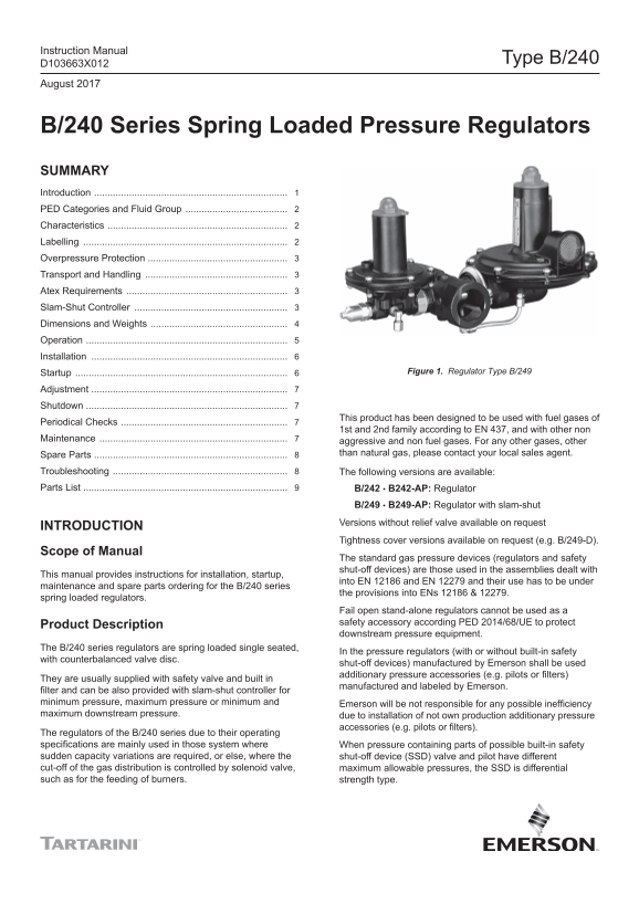 EMERSON Manuals B 240 Series Spring Loaded Pressure Regulators Instruction Manual - Page 1