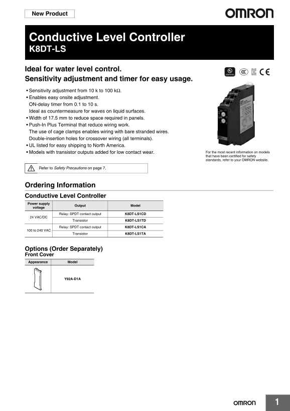 OMRON Power Supply Other Conductive Level Switch K8DT-LS K8DT-LS Data Sheet - Page 1
