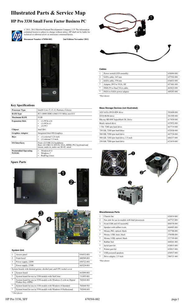 Illustrated Parts & Service Map for HP Pro 3330 Small Form Factor Business PC - Page 1