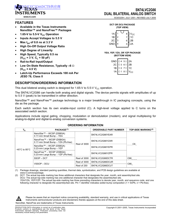 Texas Instruments SN74LVC2G66 Dual Bilateral Analog Switch Data Sheet - Page 1