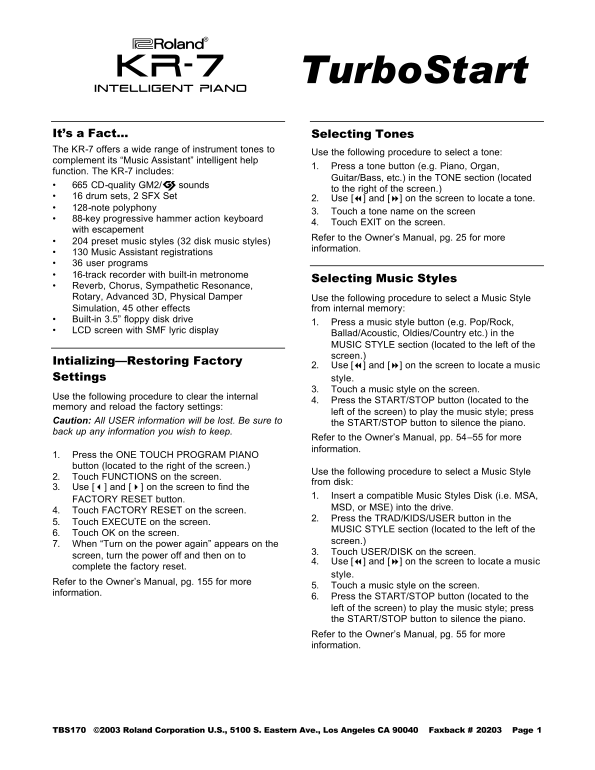 Roland KR-7 Intelligent Digital Piano Quick User Guide Roland KR-7 TurboStart Support Document - Page 1
