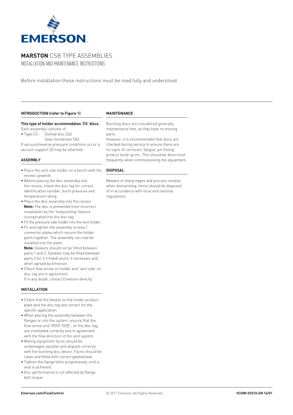 EMERSON Manual Explosion Vent Panels CSB IOM, Marston-EN - Page 1