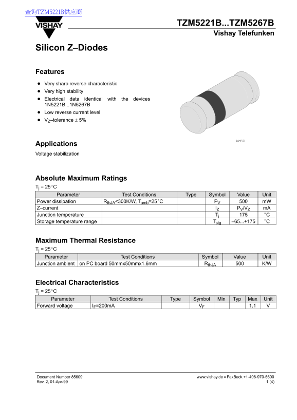 Vishay TZN5221B...TZN5267B Data Handbook / Specifications - Page 1