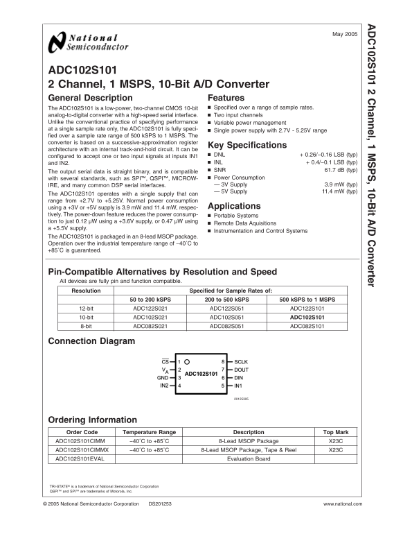 NATIONAL SEMICONDUCTOR ADC102S101 2 Channel, 1 MSPS, 10-Bit A/D Converter Manual and User Guide - Page 1