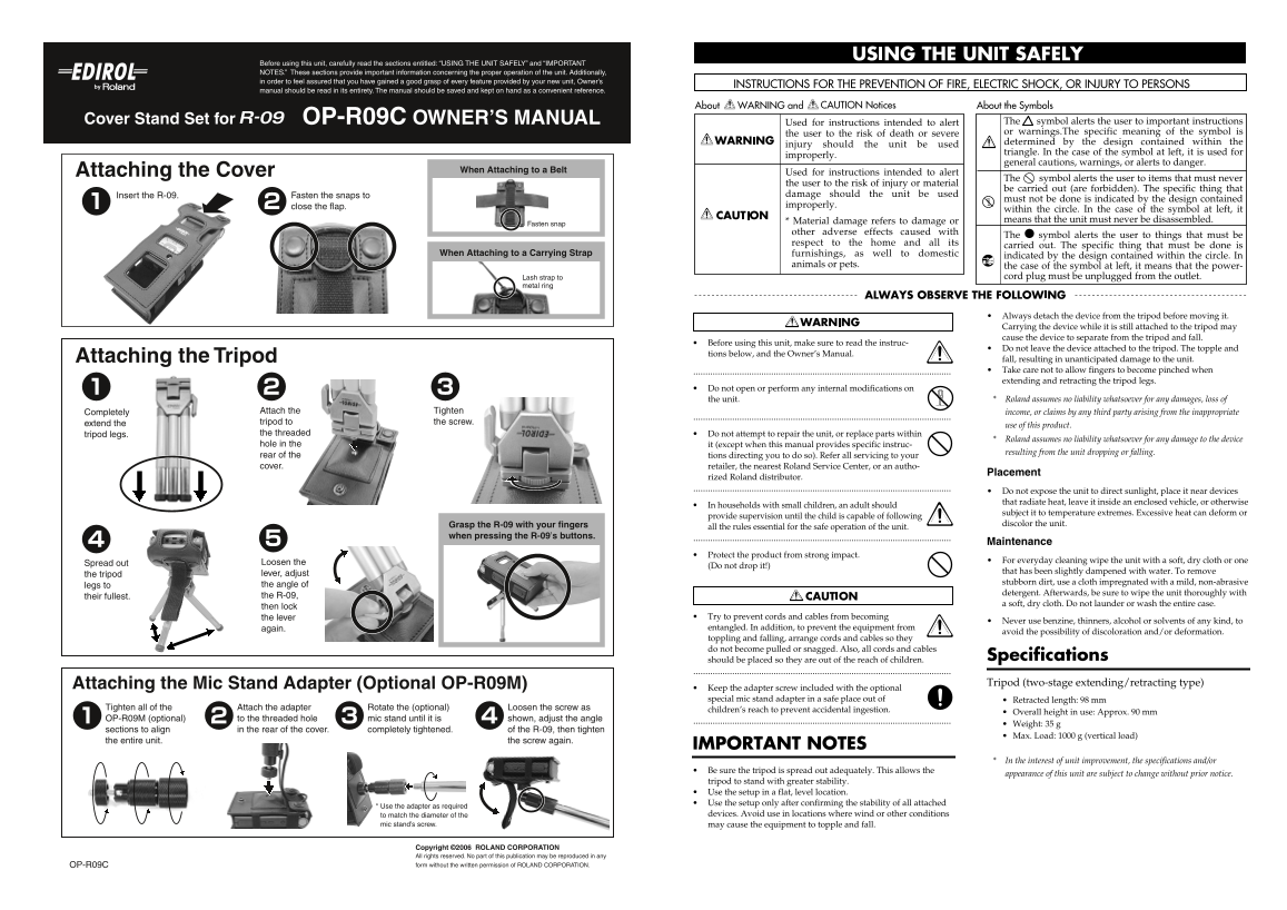 Roland OP-R09C Cover Stand Set Owner's Manual - Page 1