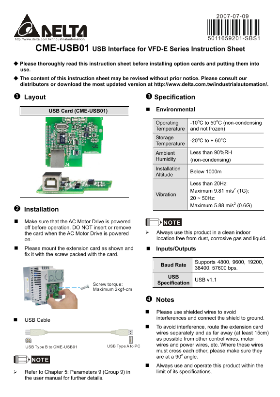 Delta Industrial Automation Inverter CME-USB01 VFD-E Series USB Interface Optional Accessory - Page 1