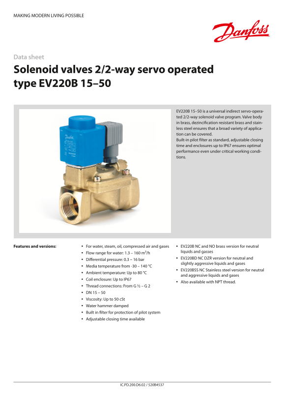 Danfoss Solenoid Valves 2 2-Way Servo Operated Type EV220B 15-50 Datasheet - Page 1