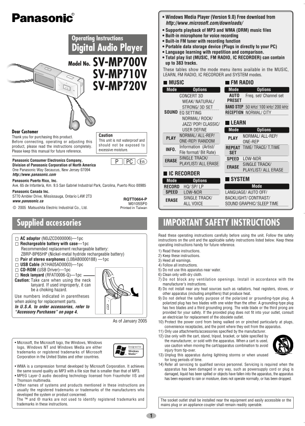 Panasonic SV-MP700V SV-MP710V SV-MP720V User Manual - Page 1