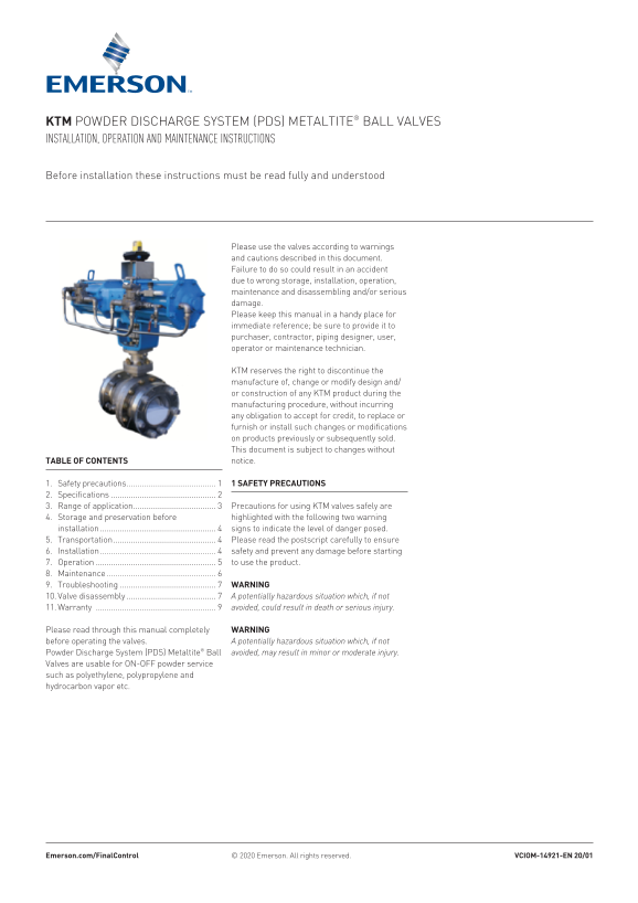 EMERSON Manuals Series PDS (Powder Discharge System) Ball Valve IOM, KTM-EN - Page 1