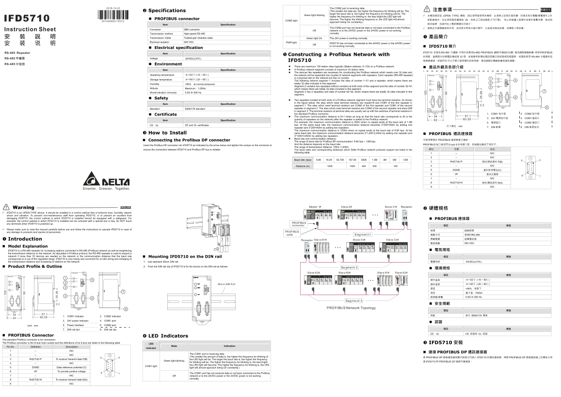 Delta Industrial Automation Network Solution IFD5710 RS-485 Repeater Installation Manual - Page 1
