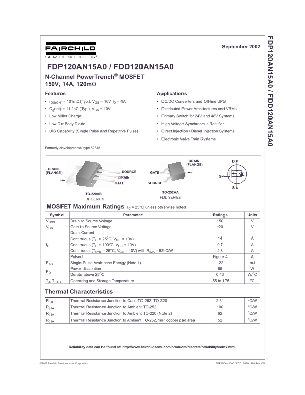FAIRCHILD FDP120AN15A0, FDD120AN15A0 N-Channel PowerTrench MOSFET, 150V, 14A, 120mOhm Data Sheet - Page 1