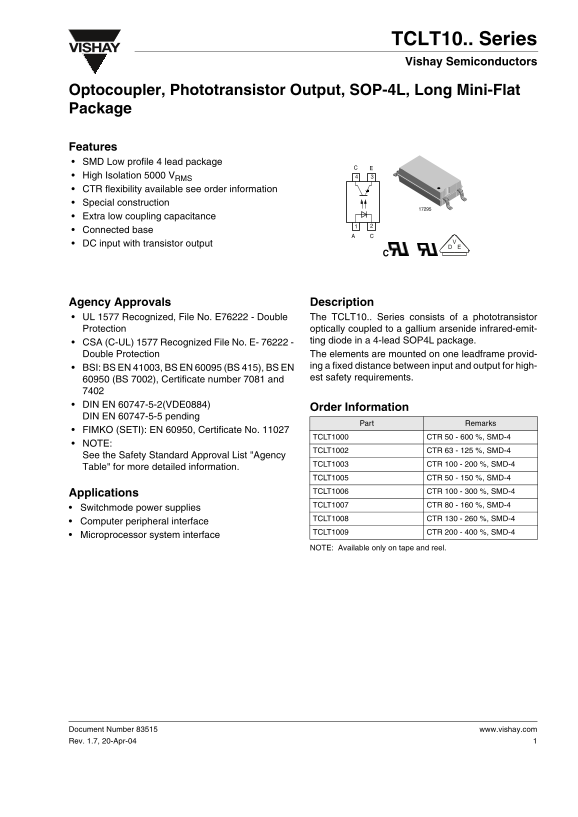 Vishay TCLT10.. Series Data Handbook/Manual - Specifications and Instructions - Page 1