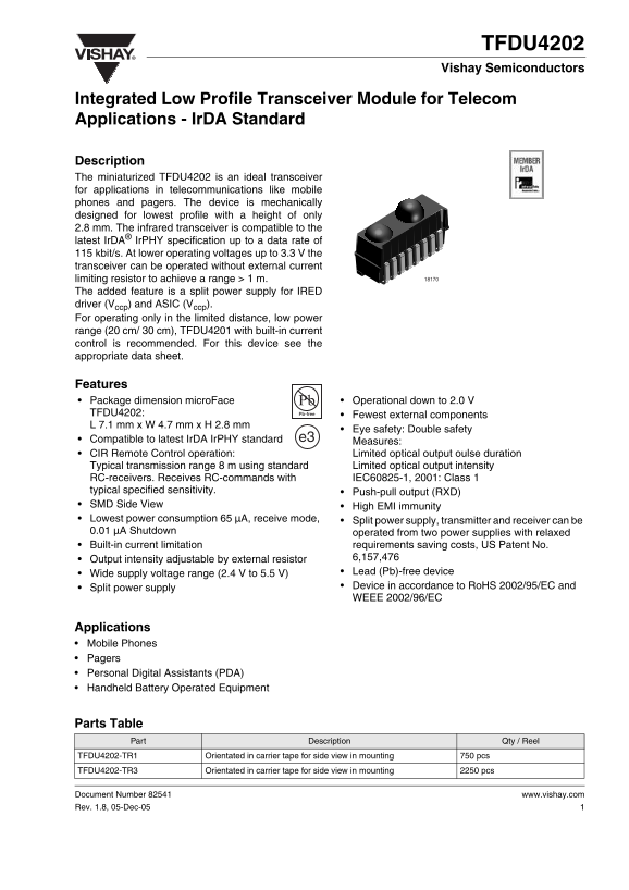 VISHAY SEMICONDUCTOR TFDU4202 User Guide (1) Owner's Manual - Page 1