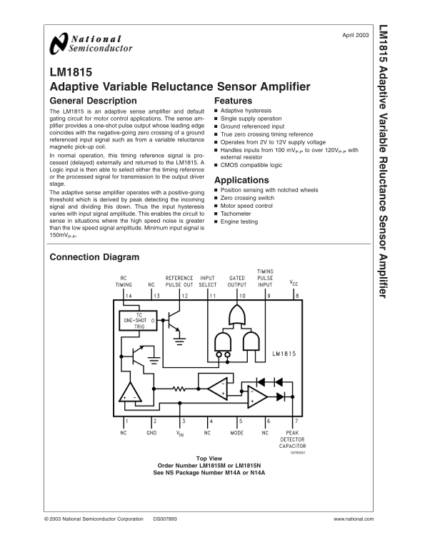 NATIONAL SEMICONDUCTOR LM1815 Adaptive Variable Reluctance Sensor Amplifier User Manual - Page 1