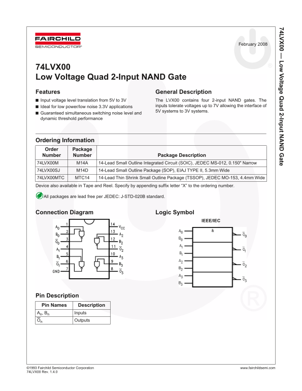 Fairchild 74LVX00 Low-Voltage Quad 2-Input NAND Gate Data Manual - Page 1