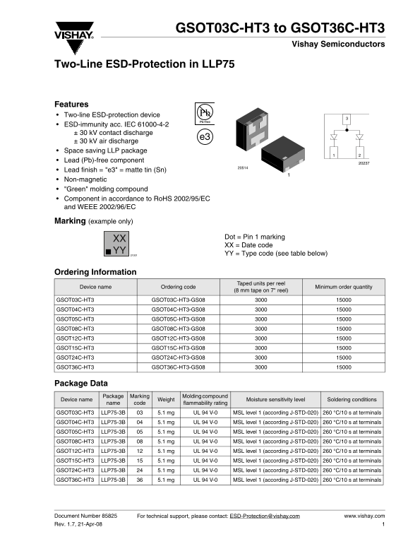 Vishay Semiconductor GSOT03C-HT3 to GSOT36C-HT3 Two-Line ESD-Protection in LLP75 Data Sheet Owner's Manual - Page 1
