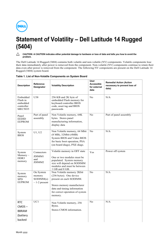 Dell Latitude 14 Rugged Statement of Volatility - Page 1