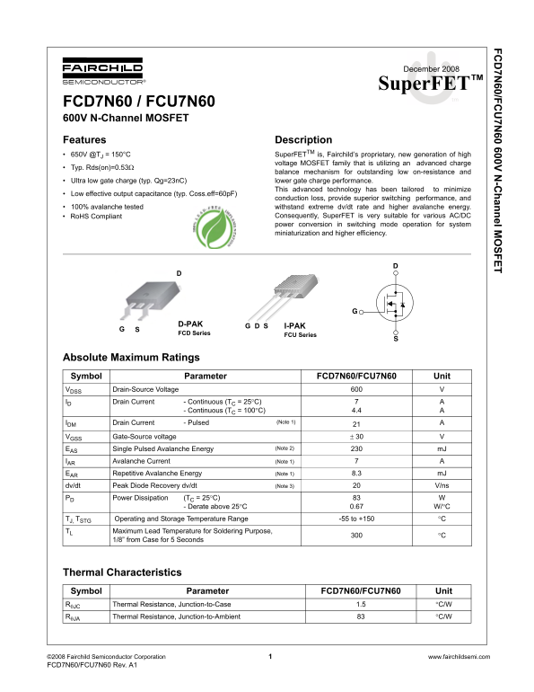 Fairchild FCD7N60 FCU7N60 User's Manual - Page 1