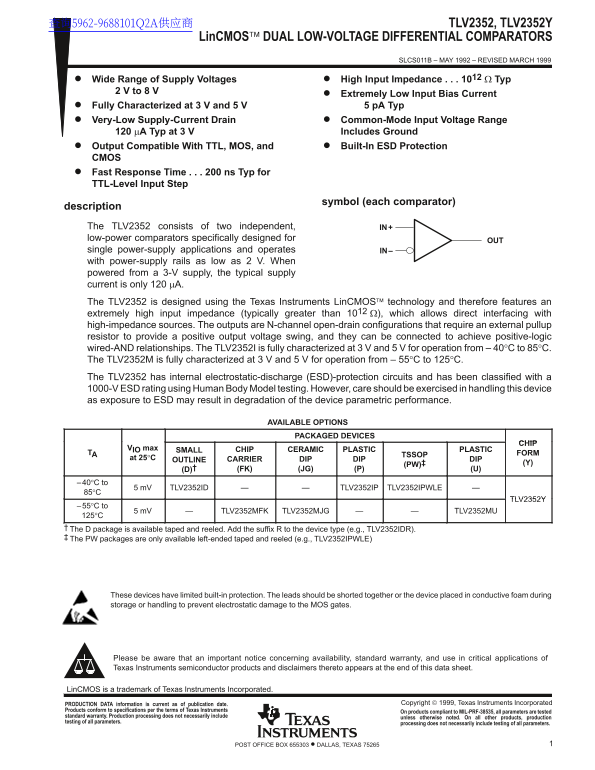 Texas Instruments TLV2352, TLV2352Y LinCMOS Dual Low-Voltage Differential Combiners Data Manual specifications user guide - Page 1